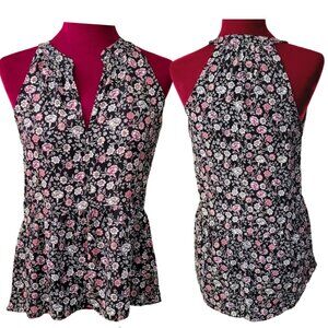 Women's Split-Neckline Halter-Style Black Floral Peplum Top/Tunic, SZ XS NWT